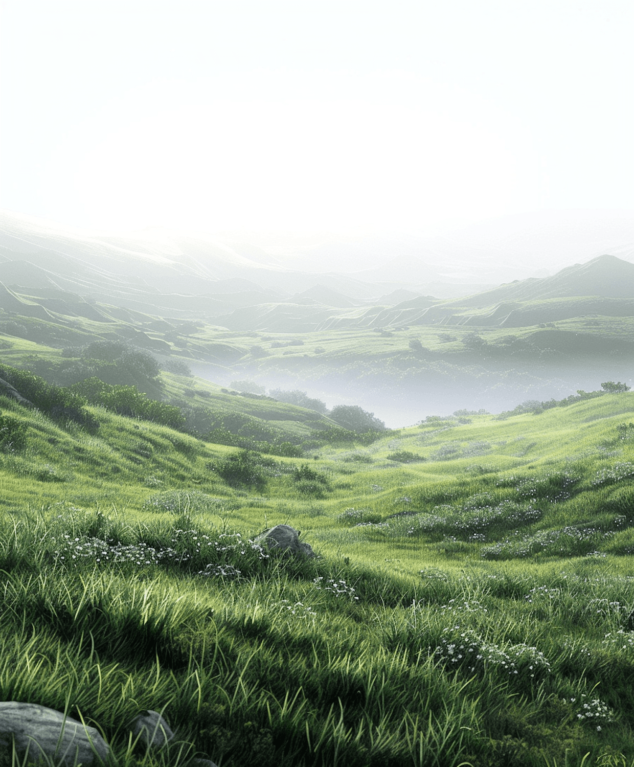 Rolling green hills fading into morning mist under soft light