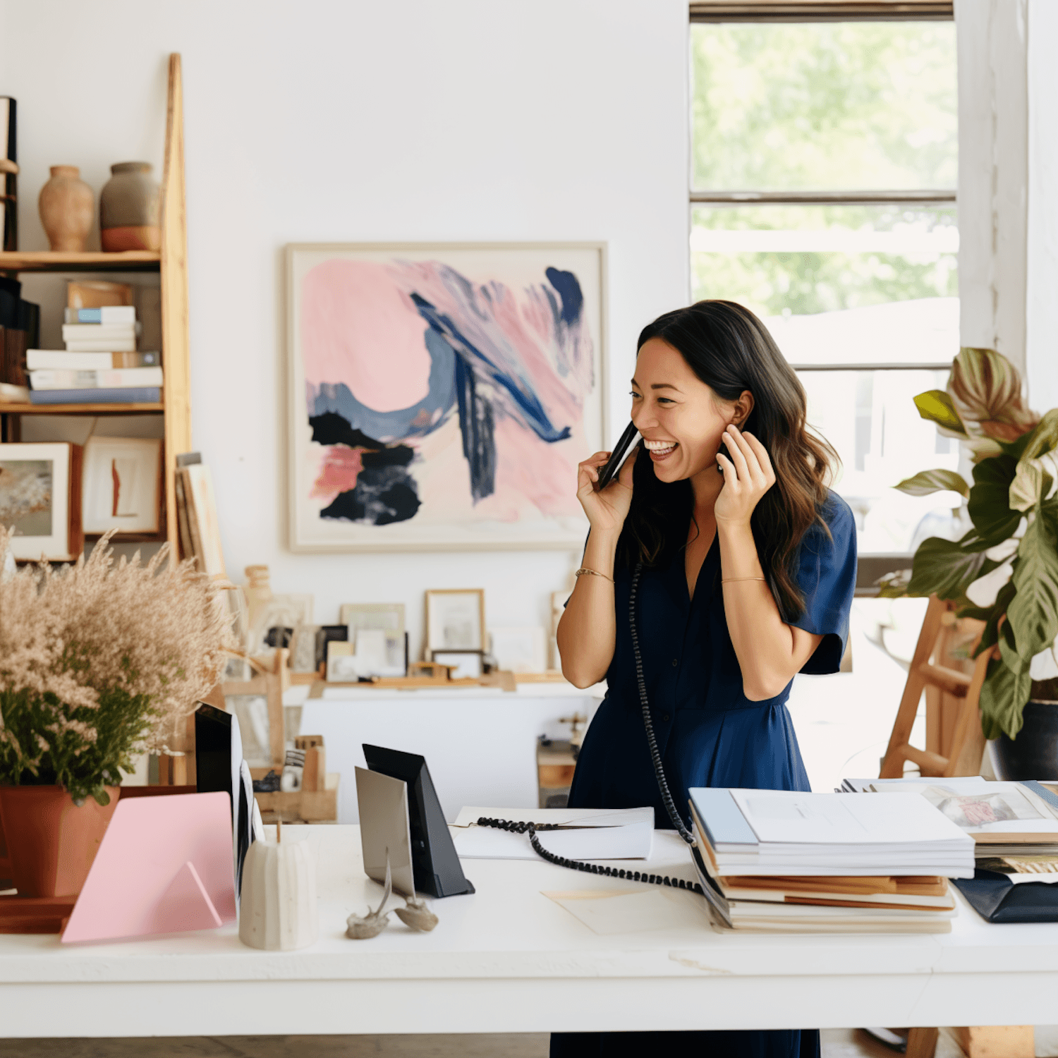 Lena Park laughing while on a phone call in her bright studio office