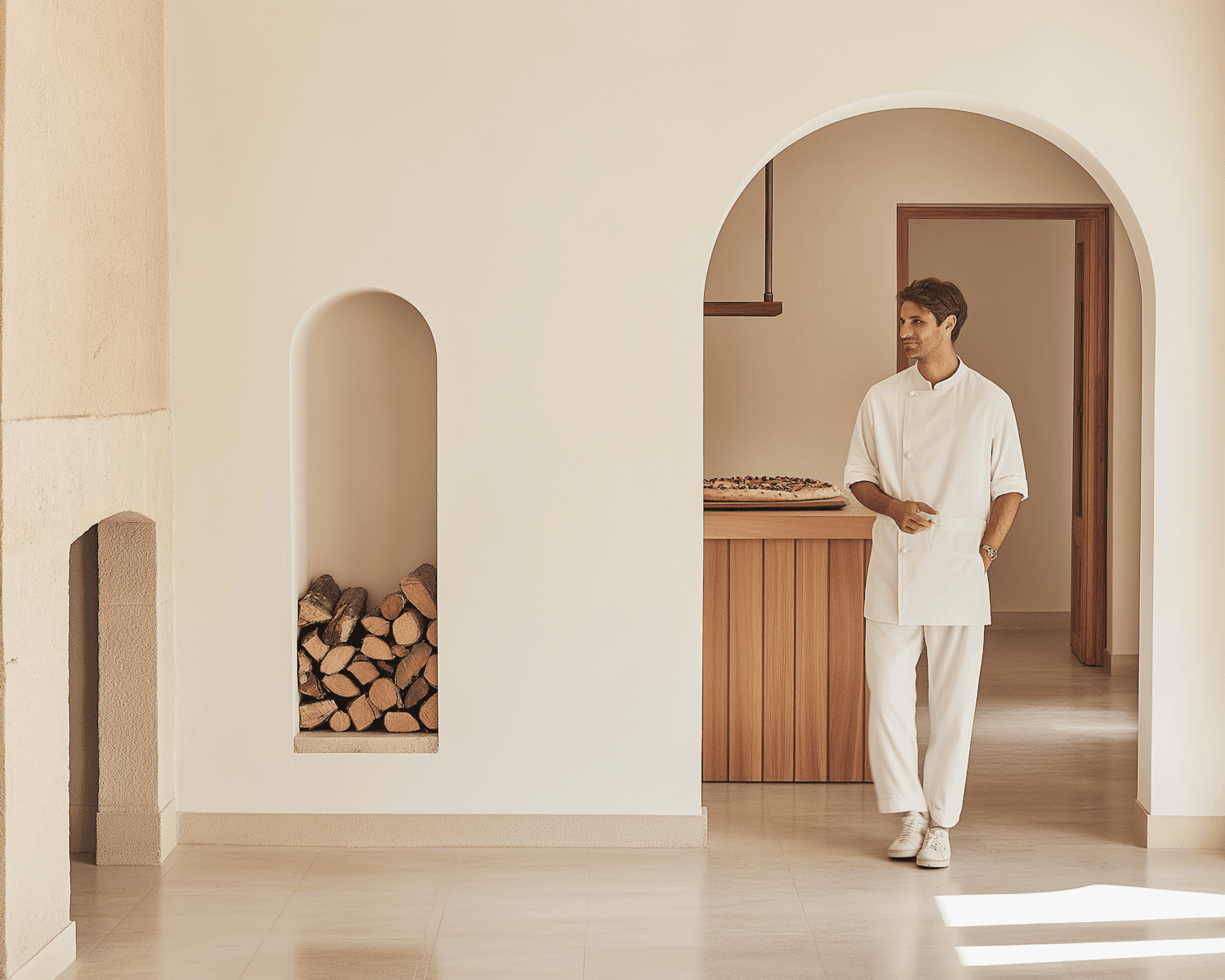Chef Luca Romano in a white uniform standing in his kitchen beside a stack of firewood